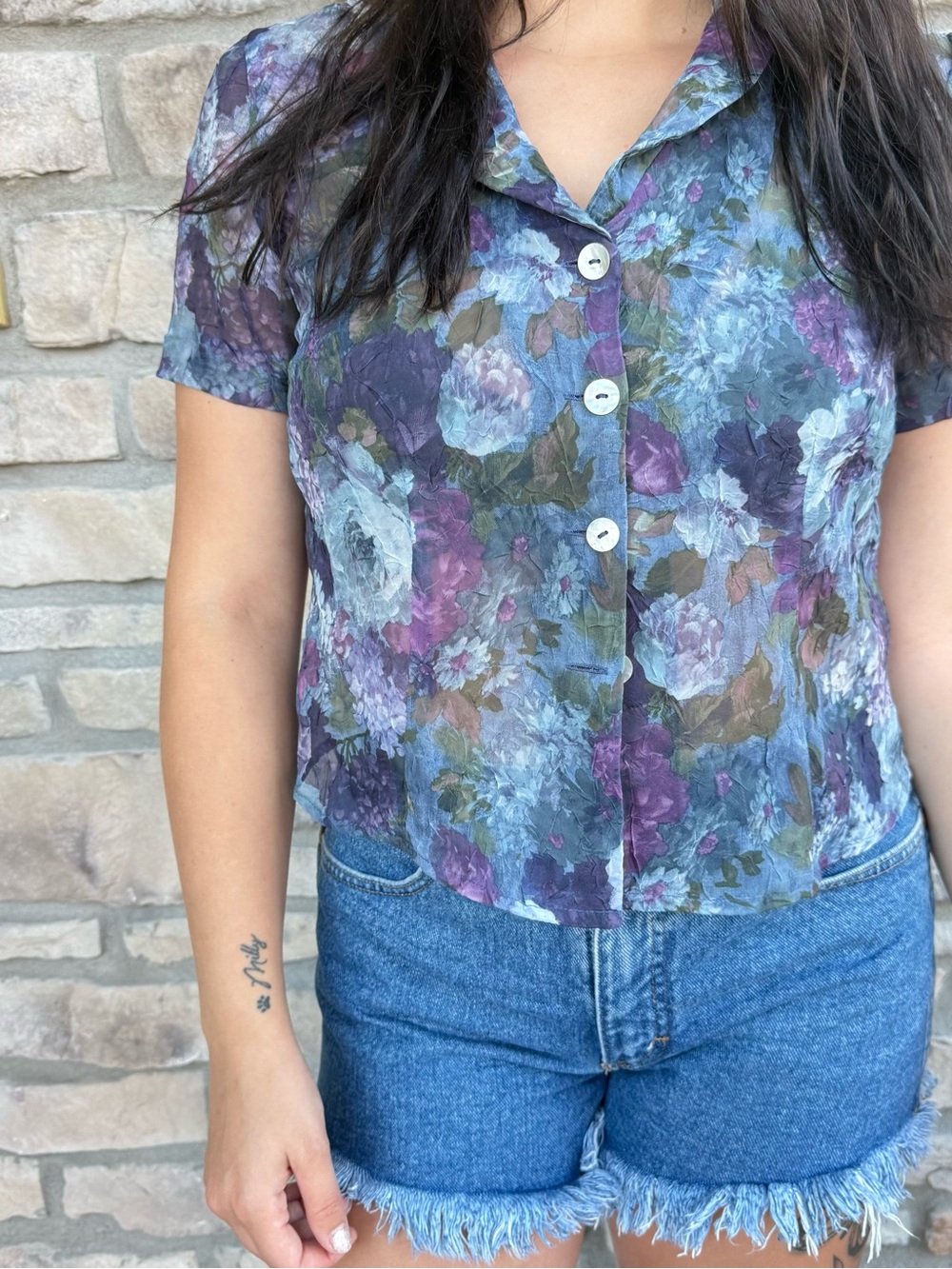 Floral Short-Sleeve Button-Front Top - Purple Multi